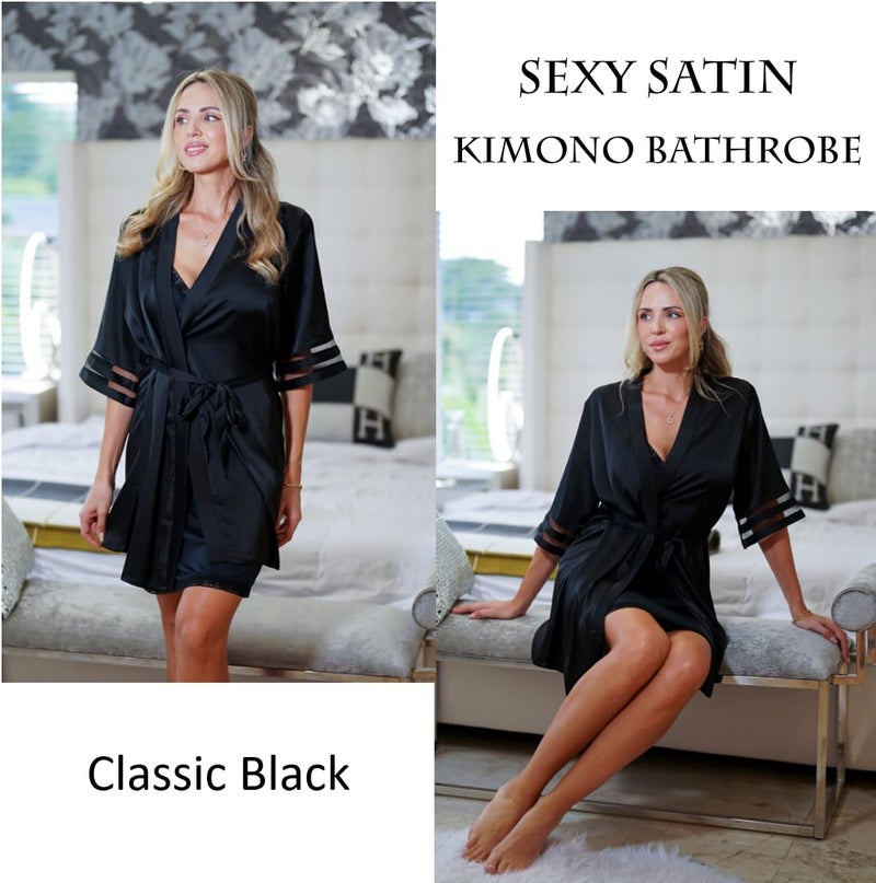 Ekouaer Women's Satin Robe Silk Kimono Bathrobe Bridesmaid Wedding Bridal Party Robes 3/4 Bell Sleeve Sleepwear Black Medium - Image 2
